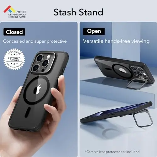 iPhone 15 Pro uchun ESR g'ilofi, MagSafe bilan mos, harbiy standartdagi himoya g'ilofi, o'rnatilgan yashirin tayanchli telefon g'ilofi, chizilishga chidamli orqa qopqoq, Classic Series, shaffof qora - 3