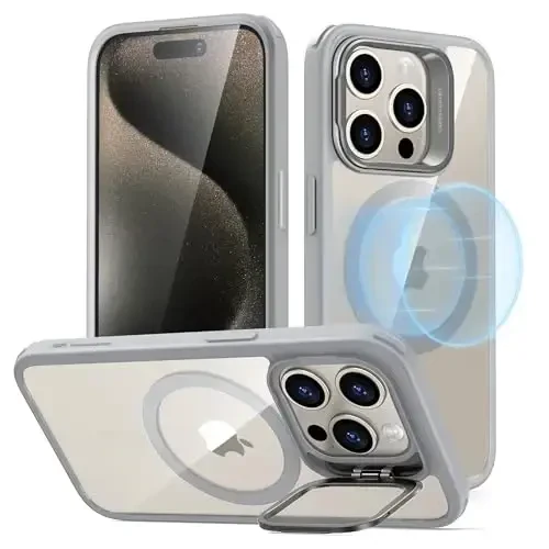 iPhone 15 Pro uchun ESR g'ilofi, MagSafe bilan mos keladi, harbiy darajadagi himoya g'ilofi, o'rnatilgan Stash Stand telefon g'ilofi, chizilishga chidamli orqa qopqoq, Classic Series, Clear Grey - 1