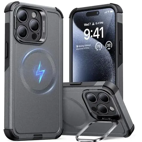 iPhone 15 Pro uchun ESR g'ilofi stend bilan, 23 fut harbiy darajadagi tushishdan himoya, og'ir yukga mo'ljallangan magnit telefon g'ilofi, MagSafe aksessuarlari bilan mos keladi, Cyber Series, kulrang - 1