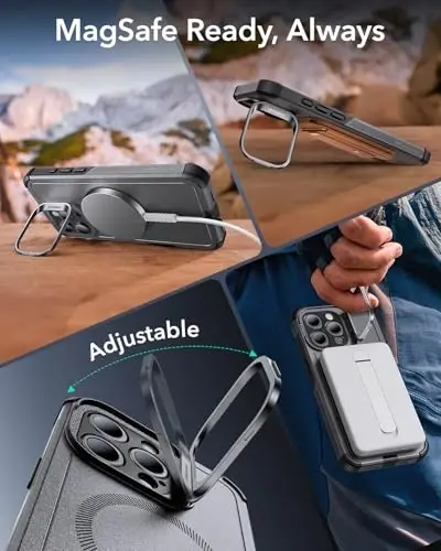 iPhone 15 Pro uchun ESR g'ilofi stend bilan, 23 fut harbiy darajadagi tushishdan himoya, og'ir yukga mo'ljallangan magnit telefon g'ilofi, MagSafe aksessuarlari bilan mos keladi, Cyber Series, kulrang - 6