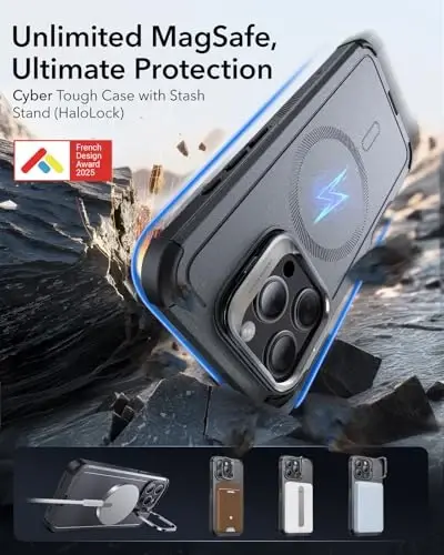 iPhone 15 Pro uchun ESR g'ilofi stend bilan, 23 fut harbiy darajadagi tushishdan himoya, og'ir yukga mo'ljallangan magnit telefon g'ilofi, MagSafe aksessuarlari bilan mos keladi, Cyber Series, kulrang 
