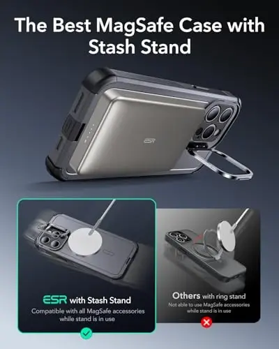 iPhone 15 Pro uchun ESR g'ilofi stend bilan, 23 fut harbiy darajadagi tushishdan himoya, og'ir yukga mo'ljallangan magnit telefon g'ilofi, MagSafe aksessuarlari bilan mos keladi, Cyber Series, kulrang - 5