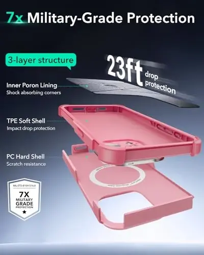 iPhone 15 Pro uchun ESR g'ilofi stend bilan, 7 metrlik harbiy darajadagi tushishdan himoya, og'ir yukga mo'ljallangan magnit telefon g'ilofi, MagSafe aksessuarlari bilan mos, Cyber seriyasi, pushti - 4