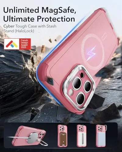 iPhone 15 Pro uchun ESR g'ilofi stend bilan, 7 metrlik harbiy darajadagi tushishdan himoya, og'ir yukga mo'ljallangan magnit telefon g'ilofi, MagSafe aksessuarlari bilan mos, Cyber seriyasi, pushti 