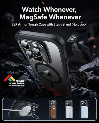 iPhone 15 Pro uchun ESR g'ilofi Stend bilan, MagSafe bilan mos, to'liq korpusli harbiy darajadagi tushishga chidamli g'ilof, o'rnatilgan 9H+ temperli shisha ekran himoyachisi, Armor seriyasi, tiniq qora - 3