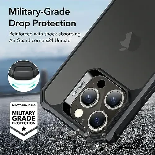 iPhone 15 Pro uchun ESR g'ilofi, zarbani yutuvchi burchaklar bilan harbiy darajadagi himoya, tirnalishga chidamli va sarg'ayishga qarshi akril orqa, ingichka himoya telefon g'ilofi, Air-Armor seriyasi, muzlatilgan qora - 3