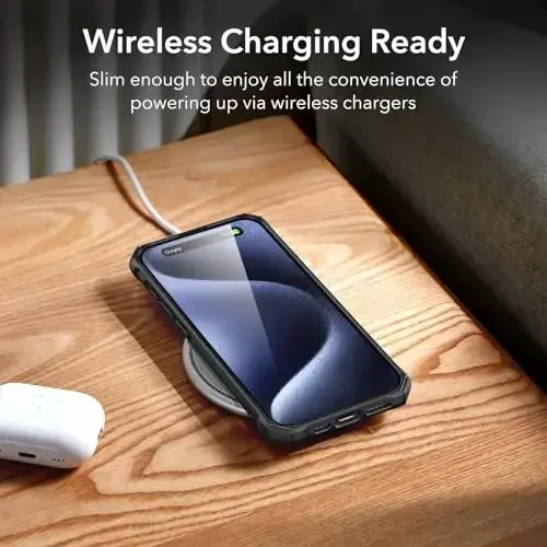 iPhone 15 Pro uchun ESR g'ilofi, zarbani yutuvchi burchaklar bilan harbiy darajadagi himoya, tirnalishga chidamli va sarg'ayishga qarshi akril orqa, ingichka himoya telefon g'ilofi, Air-Armor seriyasi, muzlatilgan qora - 6