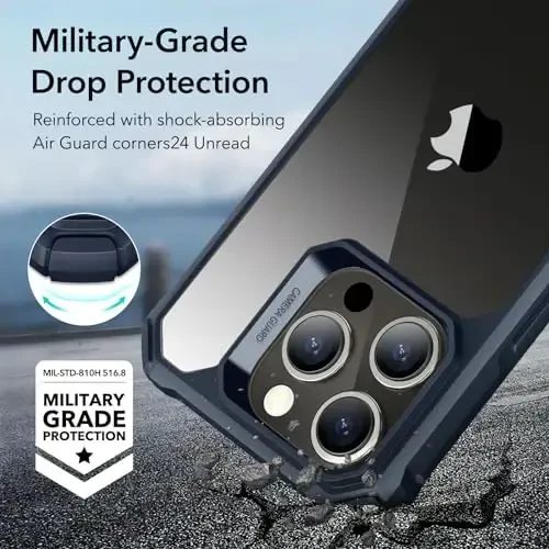 iPhone 15 Pro uchun ESR g'ilofi, zarbani yutuvchi burchaklari bilan harbiy darajadagi himoya, tirnalishga chidamli va sarg'ayishga qarshi akril orqa, ingichka himoya telefon g'ilofi, Air-Armor seriyasi, toza to'q ko'k - 3