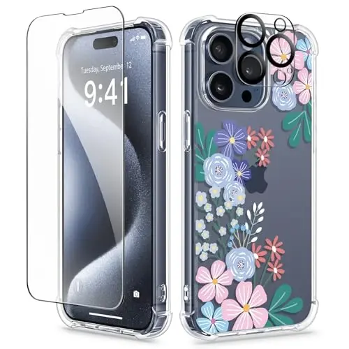 iPhone 15 Pro uchun GVIEWIN guli g‘ilof, ekran va kamera linzalari himoyachisi bilan, [sarg‘aymaydigan] ayollar uchun nozik zarbaga chidamli shaffof himoya g‘ilofi, gul naqshli dizayn 6.1