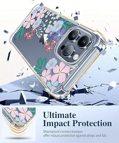 iPhone 15 Pro uchun GVIEWIN guli g‘ilof, ekran va kamera linzalari himoyachisi bilan, [sarg‘aymaydigan] ayollar uchun nozik zarbaga chidamli shaffof himoya g‘ilofi, gul naqshli dizayn 6.1