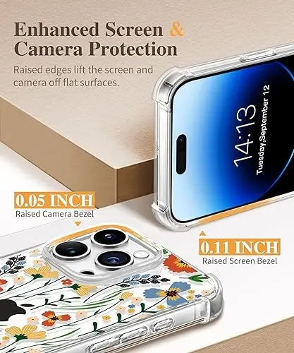 iPhone 15 Pro uchun GVIEWIN gulli g'ilof, ekran va kamera linzalari himoyachisi bilan, [sarg'aymaydigan] ayollar uchun ingichka zarbaga chidamli shaffof himoya g'ilofi, gul naqshli 6.1