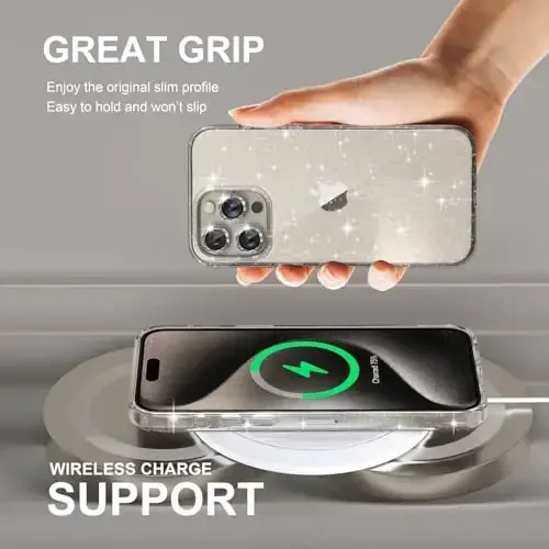 iPhone 15 Pro uchun mos keladigan ayollar telefon qutisi, yoqimli yaltiroq, harbiy darajadagi tushishdan himoya, 3 ta olmosli kamera linzalari qoplamasi, 2 ta закалённое oynali himoyachi, 6.1 dyuym (Glitter Clear) - 6
