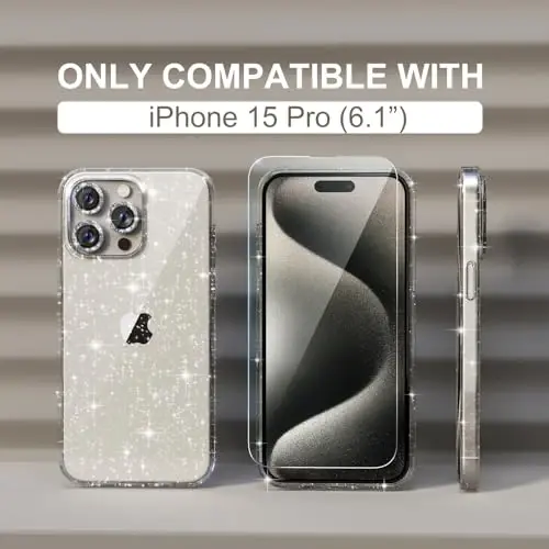 iPhone 15 Pro uchun mos keladigan ayollar telefon qutisi, yoqimli yaltiroq, harbiy darajadagi tushishdan himoya, 3 ta olmosli kamera linzalari qoplamasi, 2 ta закалённое oynali himoyachi, 6.1 dyuym (Glitter Clear) - CHOICHE (1)