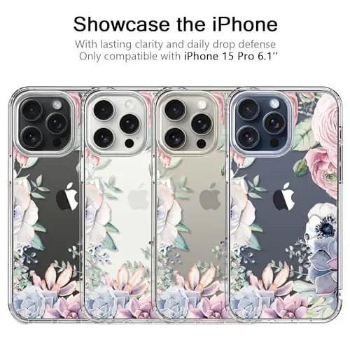 iPhone 15 Pro uchun mos keladigan bicol g'ilofi, qizlar va ayollar uchun moda naqshli kristall akril tiniq, ingichka zarbaga bardoshli himoya telefon qopqog'i 6,1 dyuym, rangli sukulentlar - 3