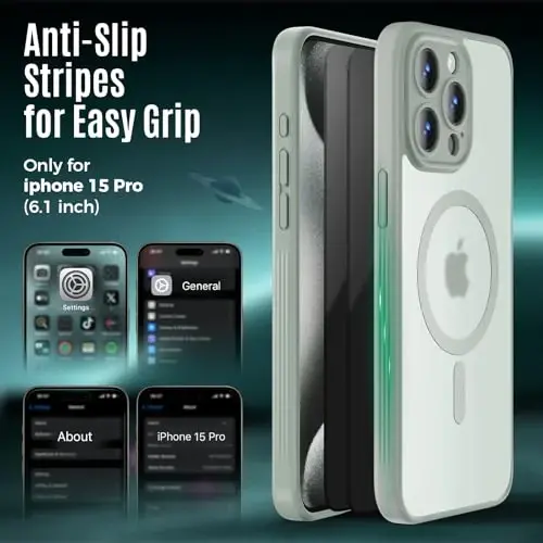 iPhone 15 Pro uchun Symcele Designed g'ilofi, MagSafe bilan mos, X2 maxfiylik ekran himoyachilari bilan, [Kamera himoyasi] [15FT Harbiy tomchi himoyasi] zarbaga chidamli telefon g'ilofi, 6.1'', Calke Green - 6