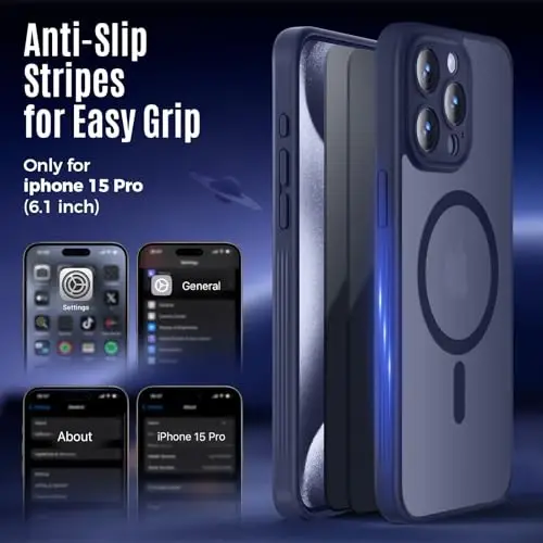 iPhone 15 Pro uchun Symcele dizayni, MagSafe bilan mos, X2 Maxfiylik ekran himoyachilari bilan, [Kamera himoyasi] [15FT Harbiy tushishdan himoya] Zarba o'tkazmaydigan telefon qutisi, 6.1'', To'q ko'k - 6