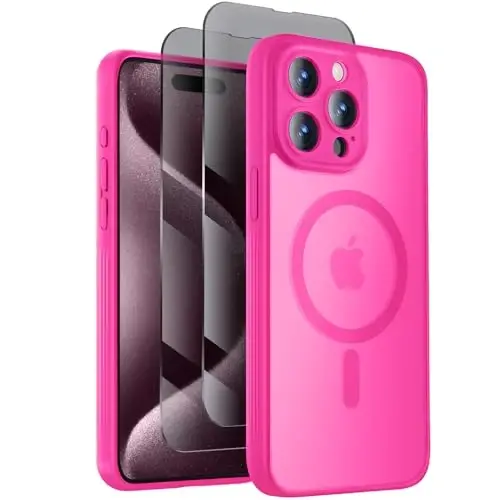 iPhone 15 Pro uchun Symcele dizayni, MagSafe bilan mos, X2 maxfiylik ekran himoyachilari, [Kamera himoyasi] [15FT Harbiy tomchidan himoya] zarba o'tkazmaydigan telefon qutisi, 6.1'', To'q pushti 