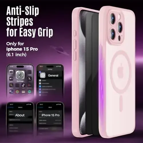 iPhone 15 Pro uchun Symcele dizayni, MagSafe bilan mos, X2 maxfiylik ekrani himoyachilari bilan, [Kamera himoyasi] [15FT harbiy tomchi himoyasi] zarba o'tkazmaydigan telefon qutisi, 6,1'', pushti - 6