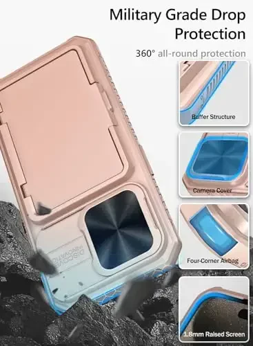 iPhone 15 Pro uchun Vihibii hamyonli g‘ilofi, sirg‘aluvchi kamera qopqog‘i, o‘rnatilgan karta ushlagichi (4 ta karta) va tirgak, iPhone 15 Pro 5G 6.1