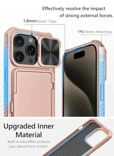 iPhone 15 Pro uchun Vihibii hamyonli g‘ilofi, sirg‘aluvchi kamera qopqog‘i, o‘rnatilgan karta ushlagichi (4 ta karta) va tirgak, iPhone 15 Pro 5G 6.1
