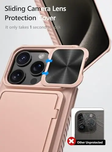 iPhone 15 Pro uchun Vihibii hamyonli g‘ilofi, sirg‘aluvchi kamera qopqog‘i, o‘rnatilgan karta ushlagichi (4 ta karta) va tirgak, iPhone 15 Pro 5G 6.1