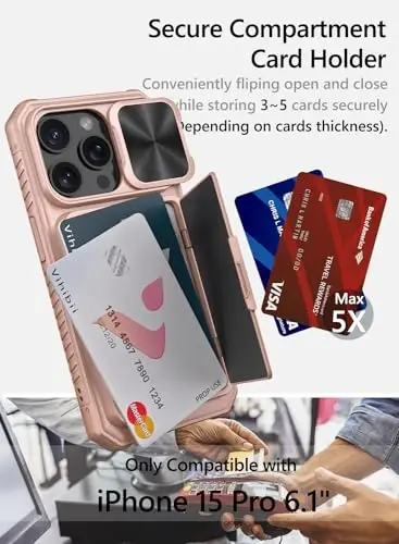 iPhone 15 Pro uchun Vihibii hamyonli g‘ilofi, sirg‘aluvchi kamera qopqog‘i, o‘rnatilgan karta ushlagichi (4 ta karta) va tirgak, iPhone 15 Pro 5G 6.1