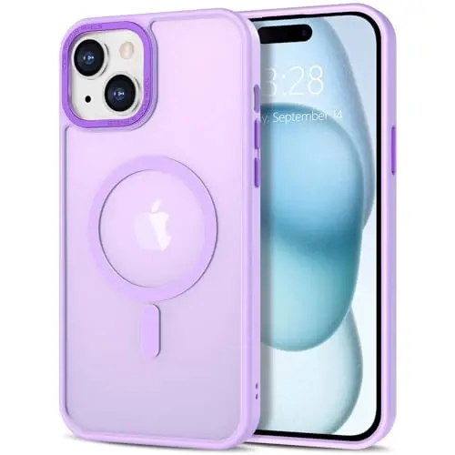 iPhone 15 uchun Anuck g'ilofi MagSafe bilan mos keladigan magnit telefon g'ilofi, yumshoq TPU bamperi, qattiq shaffof mat orqa, ingichka, zarbaga chidamli himoya qopqog'i, erkaklar, ayollar va qizlar uchun - och binafsha - 12