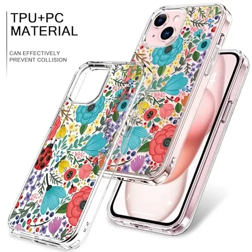 iPhone 15 uchun bicol mos keladigan g'ilof, qizlar ayollar uchun moda naqshli kristall akril tiniq, ingichka zarbaga chidamli himoya telefon qopqog'i 6,1 dyuym, ko'p rangli gullar - 3
