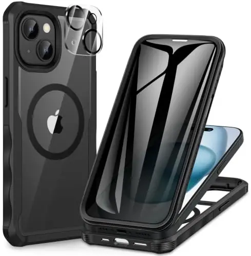 iPhone 15 uchun CENHUFO himoya korpusi, maxfiylikni ta’minlovchi o‘rnatilgan qarashga qarshi qattiqlashtirilgan shisha ekran himoyachisi va kamera linzasi himoyasi, to‘liq tanali zarbadan himoya qiluvchi shpiona qarshi shaffof ikki tomonlama bamper - Qora 