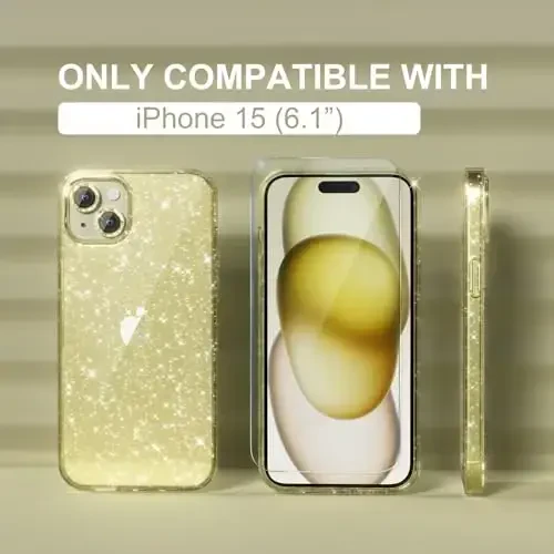 iPhone 15 uchun Choiche Compatible ayollar telefon qutisi, chiroyli yaltiroq, harbiy darajadagi tushishdan himoya, 2 ta olmosli kamera linzalari qopqoqlari, 2 ta temperli shisha himoyachisi, 6,1 dyuym (Glitter Yellow) - 2