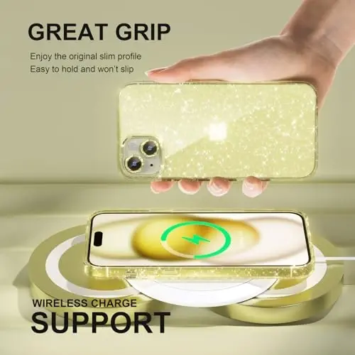 iPhone 15 uchun Choiche Compatible ayollar telefon qutisi, chiroyli yaltiroq, harbiy darajadagi tushishdan himoya, 2 ta olmosli kamera linzalari qopqoqlari, 2 ta temperli shisha himoyachisi, 6,1 dyuym (Glitter Yellow) - 6
