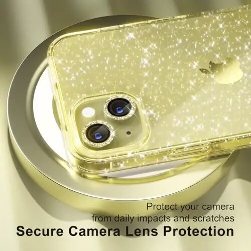 iPhone 15 uchun Choiche Compatible ayollar telefon qutisi, chiroyli yaltiroq, harbiy darajadagi tushishdan himoya, 2 ta olmosli kamera linzalari qopqoqlari, 2 ta temperli shisha himoyachisi, 6,1 dyuym (Glitter Yellow) - 3