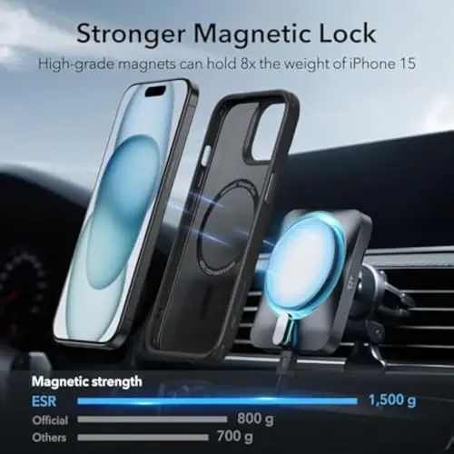 iPhone 15 uchun ESR g'ilofi, MagSafe bilan mos, harbiy darajadagi himoya, sarg'ayishga chidamli, tirnalishga chidamli orqa, iPhone 15 uchun magnit telefon g'ilofi, Classic Series, muzli qora - 3