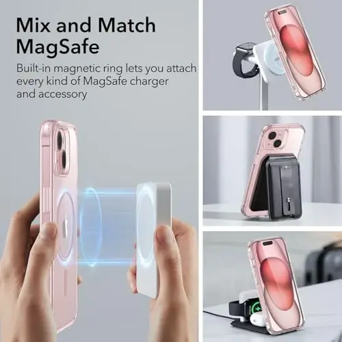 iPhone 15 uchun ESR gʻilofi, MagSafe bilan mos, harbiy darajadagi himoya, sargʻayishga chidamli, tirnalishga chidamli orqa, iPhone 15 uchun magnitli telefon gʻilofi, Classic Series, och pushti - 3