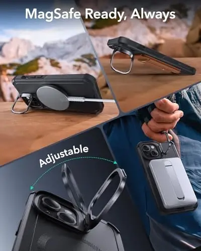 iPhone 15 uchun ESR g'ilofi, stend bilan, 7 metrlik harbiy standartga muvofiq tushishdan himoya, kuchli magnitli telefon g'ilofi, MagSafe aksessuarlari bilan mos, Cyber Series, qora - 5