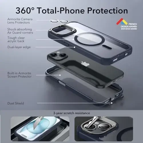 iPhone 15 uchun ESR g'ilofi stend bilan, MagSafe bilan mos, to'liq korpusli harbiy standartga mos tushishga chidamli g'ilof, o'rnatilgan 9H+ temperlangan shisha ekran himoyachisi, Armor seriyasi, to'q ko'k rangli shaffof - 3