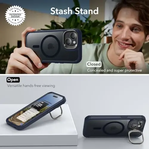 iPhone 15 uchun ESR g'ilofi stend bilan, MagSafe bilan mos, to'liq korpusli harbiy standartga mos tushishga chidamli g'ilof, o'rnatilgan 9H+ temperlangan shisha ekran himoyachisi, Armor seriyasi, to'q ko'k rangli shaffof - 5