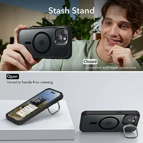 iPhone 15 uchun ESR g‘ilofi, stendli, MagSafe bilan mos keladi, o‘rnatilgan 9H+ закалённое oynali ekran himoyachisi bilan to‘liq korpusli harbiy darajadagi tushishga chidamli g‘ilof, Armor Series, shaffof qora - 5