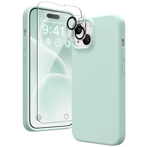 iPhone 15 uchun GONEZ g‘ilofi, suyuq silikon g‘ilof [1 ekran himoyachisi + 1 kamera linzalari himoyachisi] bilan, tirnalishga qarshi yumshoq mikrofiber qoplamali zarbga chidamli himoya telefon qopqog‘i 6,1