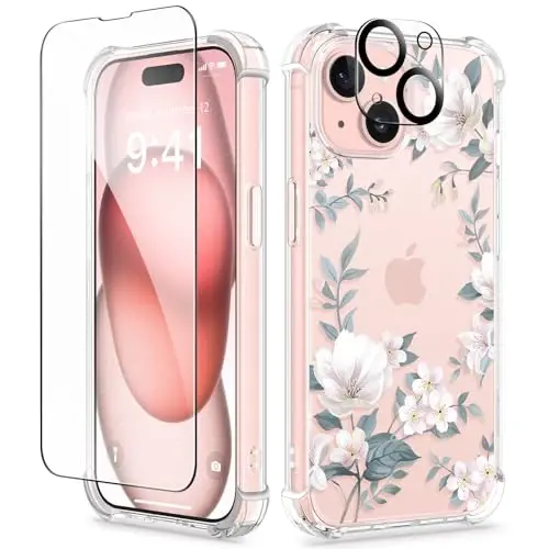 iPhone 15 uchun GVIEWIN guli g‘ilof, ekran va kamera linzalari himoyasi bilan, [sarg‘aymaydigan] ayollar uchun yumshoq zarbaga chidamli shaffof telefon himoya qopqog‘i, gul naqshli dizayn 6.1