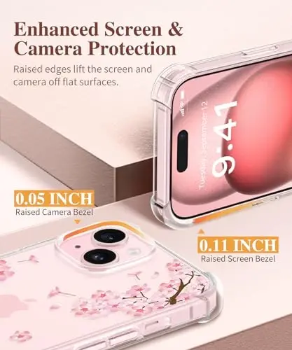 iPhone 15 uchun GVIEWIN guli g‘ilof, ekran va kamera linzalari uchun himoya plyonkasi bilan, [sarg‘aymaydigan] ayollar uchun yumshoq zarbaga chidamli shaffof telefon himoya g‘ilofi, gul naqshli dizayn 6,1