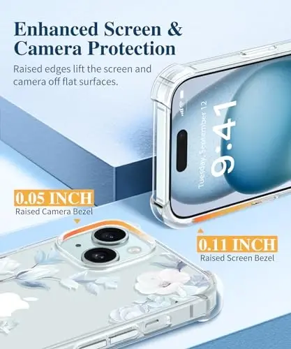 iPhone 15 uchun GVIEWIN gulli g'ilofi, ekran va kamera linzalari uchun himoya plyonkasi bilan, [sarg'aymaydigan] ayollar uchun yumshoq, zarbaga chidamli shaffof g'ilof, gulli dizayn 6.1