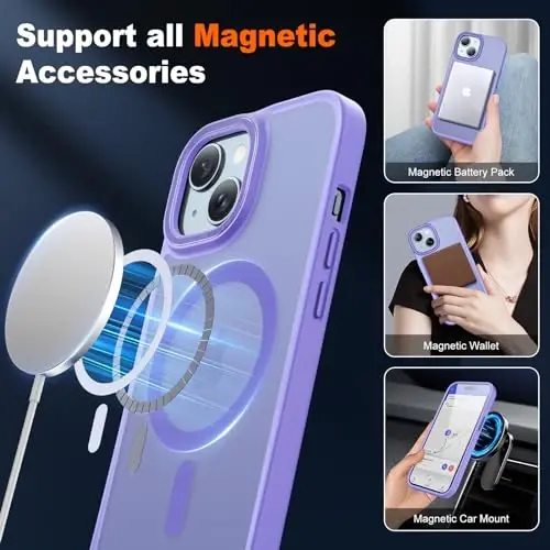 iPhone 15 uchun JAME g‘ilofi, 2 ta закалённое shisha ekran himoyachisi bilan iPhone 15 telefon g‘ilofi, [Magsafe bilan mos], [Harbiy darajadagi himoya], iPhone 15 uchun ingichka g‘ilof, mat lavanda - 3