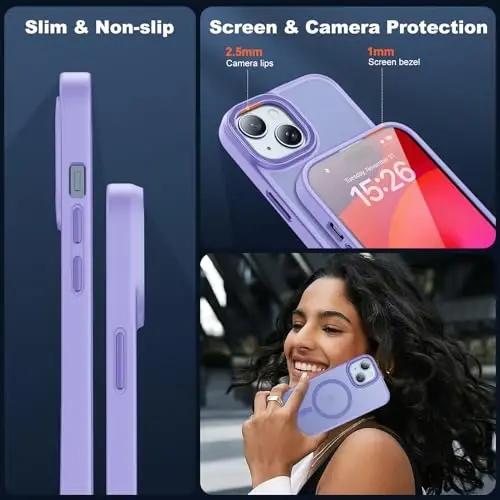 iPhone 15 uchun JAME g‘ilofi, 2 ta закалённое shisha ekran himoyachisi bilan iPhone 15 telefon g‘ilofi, [Magsafe bilan mos], [Harbiy darajadagi himoya], iPhone 15 uchun ingichka g‘ilof, mat lavanda - 5