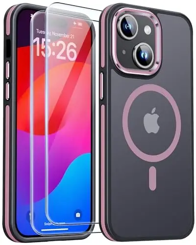 iPhone 15 uchun JAME g'ilofi, 2 ta закалённое shisha ekran himoyachisi bilan iPhone 15 telefon g'ilofi [Magsafe bilan mos][Harbiy darajadagi himoya] iPhone 15 uchun zarbga chidamli ingichka g'ilof, pushti oltin 