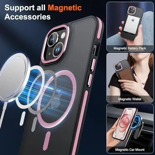 iPhone 15 uchun JAME g'ilofi, 2 ta закалённое shisha ekran himoyachisi bilan iPhone 15 telefon g'ilofi [Magsafe bilan mos][Harbiy darajadagi himoya] iPhone 15 uchun zarbga chidamli ingichka g'ilof, pushti oltin - 3