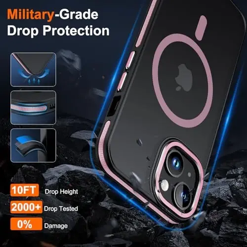 iPhone 15 uchun JAME g'ilofi, 2 ta закалённое shisha ekran himoyachisi bilan iPhone 15 telefon g'ilofi [Magsafe bilan mos][Harbiy darajadagi himoya] iPhone 15 uchun zarbga chidamli ingichka g'ilof, pushti oltin - 4