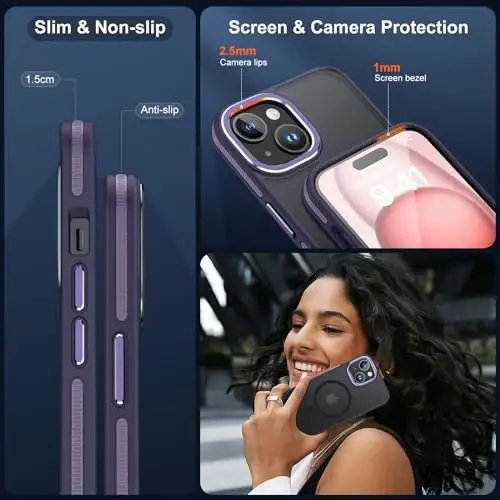 iPhone 15 uchun JAME g'ilofi, 2 ta закалённое-shisha ekran himoyachisi bilan iPhone 15 uchun telefon g'ilofi [Magsafe bilan mos keladi][Harbiy darajadagi himoya] Zarbadan himoyalangan ingichka telefon g'ilofi iPhone 15 uchun, binafsha - 5