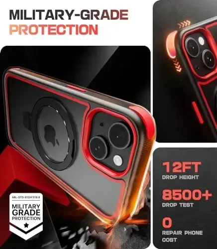 iPhone 15 uchun Mobnano himoya korpusi, MagSafe mos, shaffof orqa, harbiy darajadagi himoya, magnit uzuk tutqichi va himoya tamponlari, sarg'aymaydigan, tirnalishga chidamli - Qora/Qizil - 4