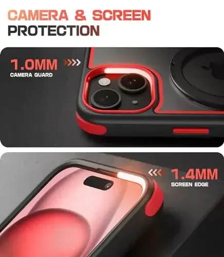 iPhone 15 uchun Mobnano himoya korpusi, MagSafe mos, shaffof orqa, harbiy darajadagi himoya, magnit uzuk tutqichi va himoya tamponlari, sarg'aymaydigan, tirnalishga chidamli - Qora/Qizil - 6